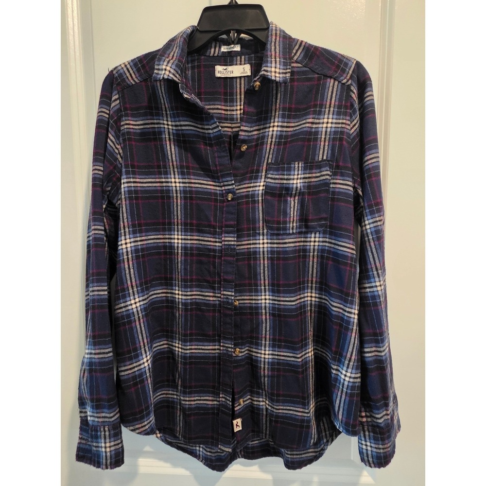 Women szS Hollister Navy Purple Plaid Flannel Boyfriend Fit Shirt Distressed